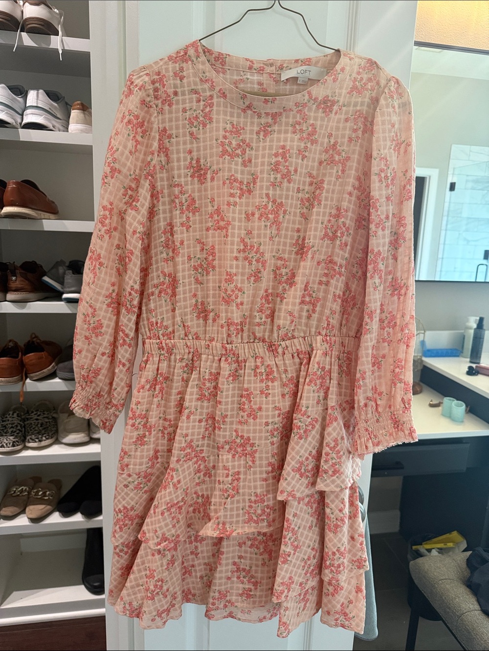 LOFT Cream-Pink Floral Tiered Long-Sleeve Dress